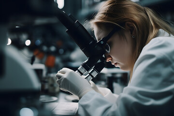 a young woman scientist is analyzing through a microscope in a clinical laboratory of the medical...