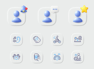 Award app, Safe time and Video conference line icons. Placeholder with 3d star, reminder bell, chat. Pack of Hearing, Cyclist, Inspect icon. Lgbt, Love ticket pictogram. For web app, printing. Vector