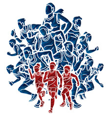 Group of People  Running Together Runner Marathon Male and Female Run Action Cartoon Sport Graphic Vector