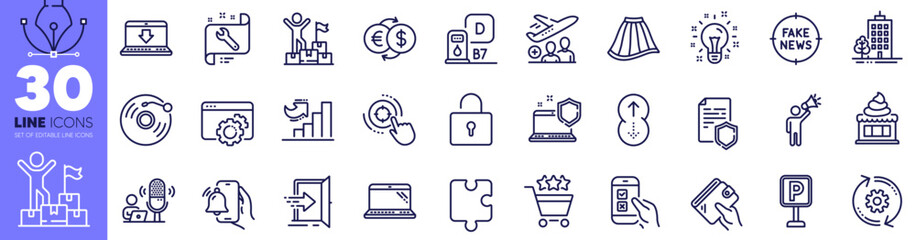 Alarm clock, Vinyl record and Fake news line icons pack. Seo target, Ice cream, Money exchange web icon. Diesel station, Seo gear, Cogwheel pictogram. Computer security, Delivery man. Vector