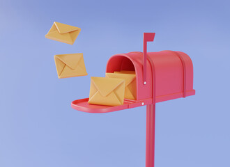 Red mailbox with mail envelope. Mail delivery,post office, Sent mail message, Read online message, Mail icon, Newsletter.minimal cartoon style. 3d rendering illustration on purple background