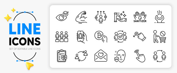 Uv protection, Baggage app and Bitcoin pay line icons set for app include Washing hands, Difficult stress, Strong arm outline thin icon. Business way, Stop shopping. Vector