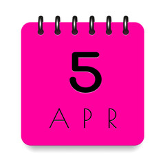 5 day of the month. April. Pink calendar daily icon. Black letters. Date day week Sunday, Monday, Tuesday, Wednesday, Thursday, Friday, Saturday. Cut paper. White background. Vector illustration.