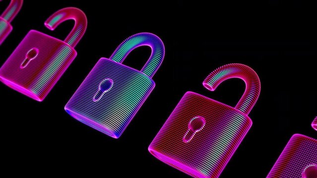 Row of 3D red glowing unlocked padlocks with one locked blue padlock. Cyber security, hacker attack and digital data protection abstract concept. Looped 4K animation of information privacy in internet