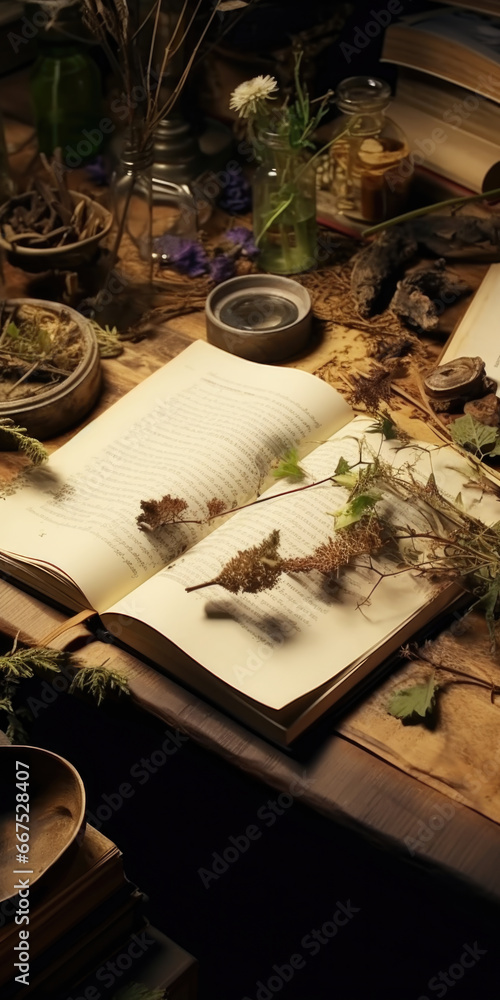 Poster an open book placed on a wooden table. this image can be used for educational, literary, or reading-