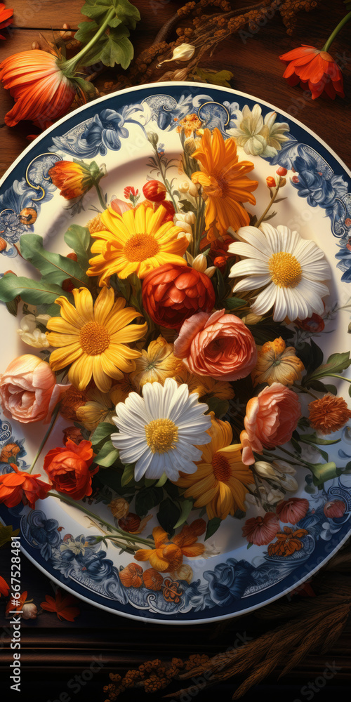 Poster a plate with a bunch of flowers, perfect for adding a touch of nature to any setting.