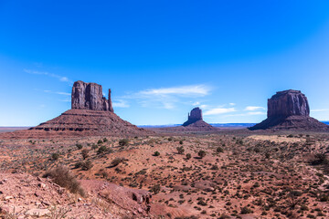 travel usa and north america, Monument Valley, view from The View campground at - from left to right - West Mitten Butte, East Mitten Butte and Merrick Butte 