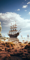 A ship floating on the water near a rugged rocky shore. This image can be used to depict adventure, exploration, or the beauty of nature.