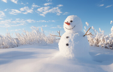 snowman in the plain covered by snow