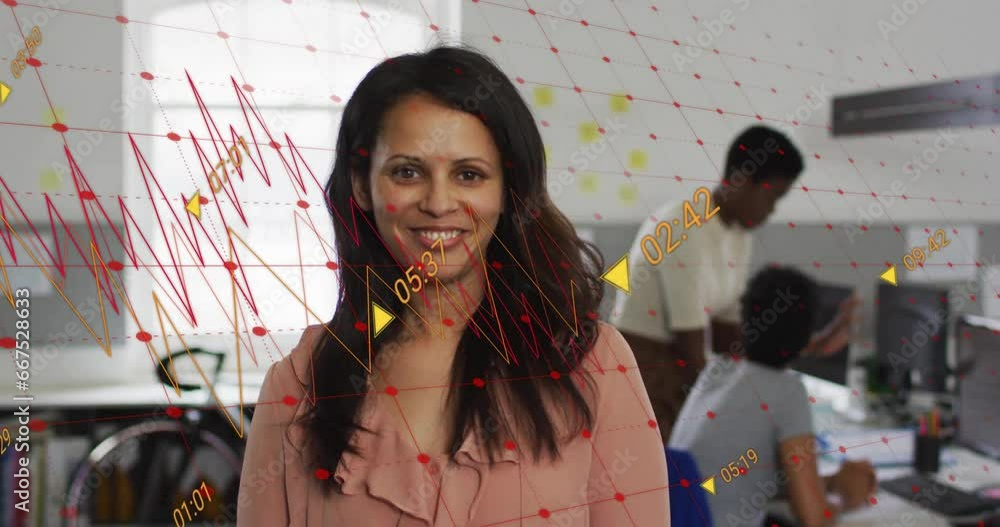 Poster animation of multiple graphs with changing numbers over smiling biracial woman standing in office