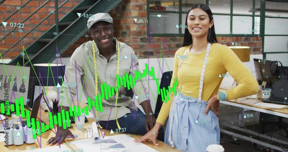 Poster animation of multiple graphs with changing numbers over smiling diverse designers looking at camera