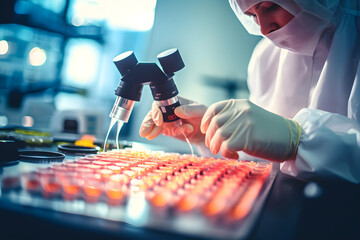 Scientists work in a nanotechnology laboratory by researching and observing the testing through a microscope in high-class equipment and technology. 