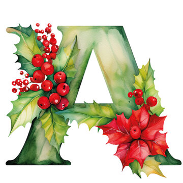 Christmas Alphabet Letter A, Watercolour Letter, Christmas Theme