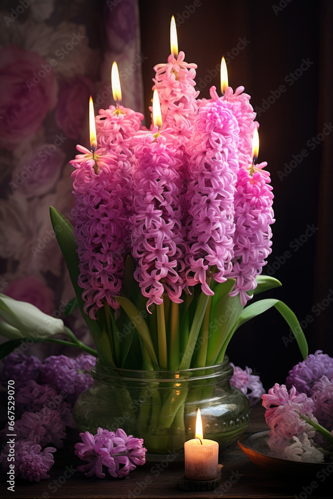 Poster A beautiful vase filled with purple flowers sits next to a flickering lit candle. This image can be used to create a serene and peaceful atmosphere in various projects.