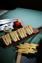 Assorted Club Sandwich isolated on wooden with mayonnaise dip and french fries bucket board side view of italian fast food on background
