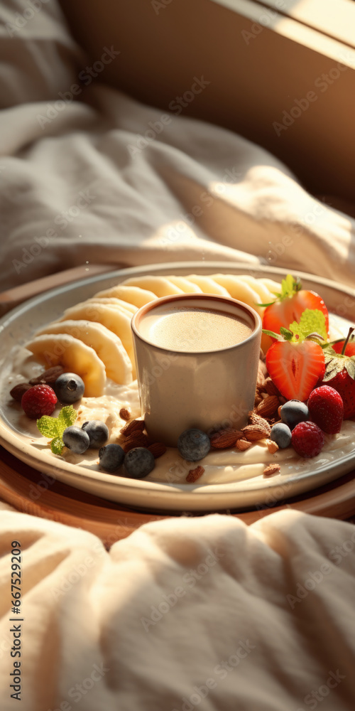 Poster a plate of fruit and yogurt placed on a bed. this image can be used to showcase a healthy breakfast 
