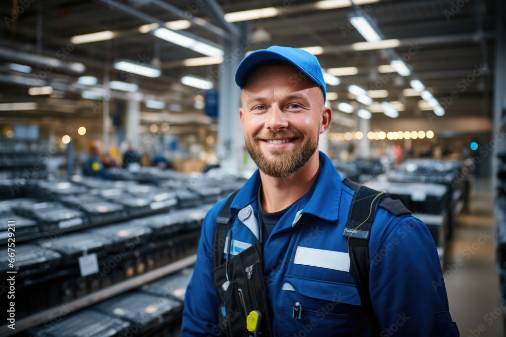 Aufkleber man standing in warehouse filled with wide array of electronics. this image can be used to depict te
