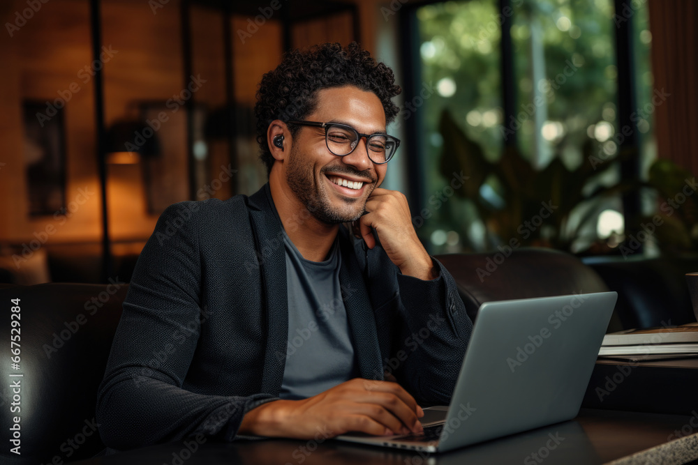Poster man sitting in front of laptop computer, ready to work or browse internet. suitable for business, te