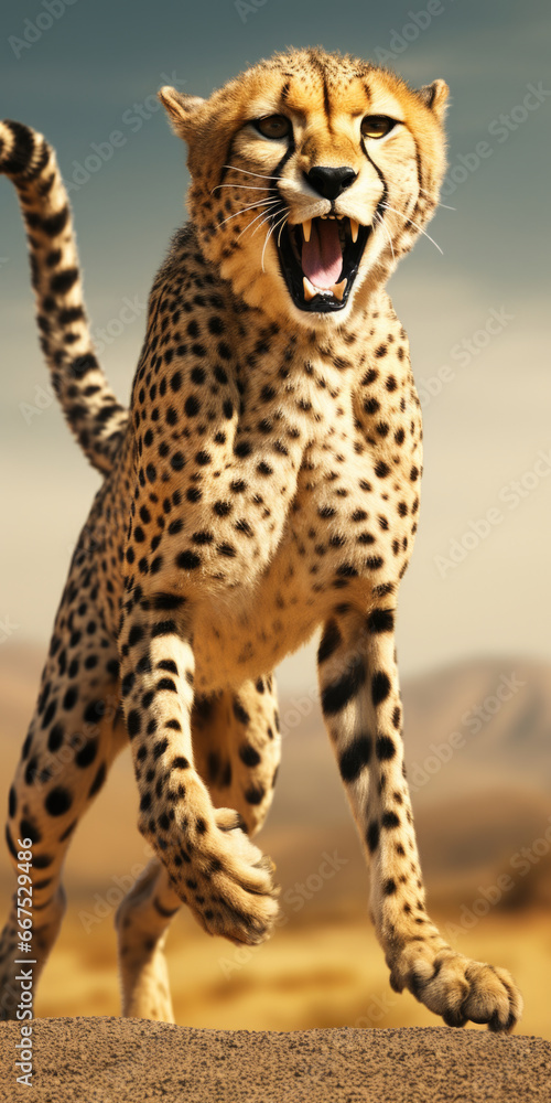 Poster A cheetah in motion, running across a dirt field. This image captures the speed and agility of the cheetah. Suitable for wildlife or nature-related projects.