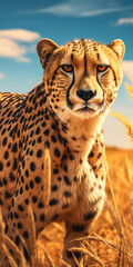 A cheetah standing confidently in a field of tall grass. Perfect for wildlife enthusiasts or nature-themed projects.