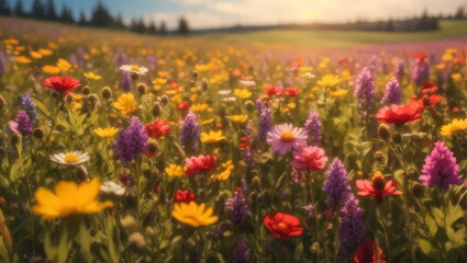 field of flowers in early morning spring sunshine.