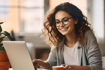 Woman sitting at table with laptop and cup of coffee. This image can be used to depict person working remotely or enjoying coffee break while working.