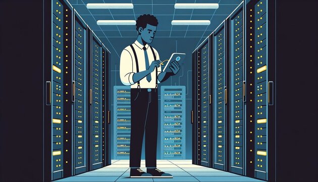it specialist checking server room, blue style clip art preview