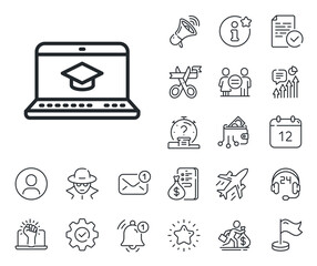 Fototapeta premium Notebook or Laptop sign. Salaryman, gender equality and alert bell outline icons. Online Education line icon. Graduation cap symbol. Website Education line sign. Vector