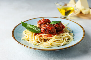 Pasta with meatballs, concept of tasty and delicious food