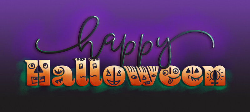 Happy Halloween banner graphic with hand drawn cute, silly monster faces and decorative typography.