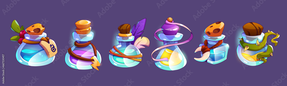 Poster game assets of glass bottles and flasks with colorful liquid elixir or potion. cartoon vector set of