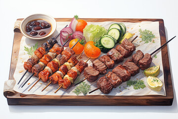 Platter of meat and vegetables arranged on cutting board. This versatile image can be used for food blogs, recipe websites, or cooking-related articles