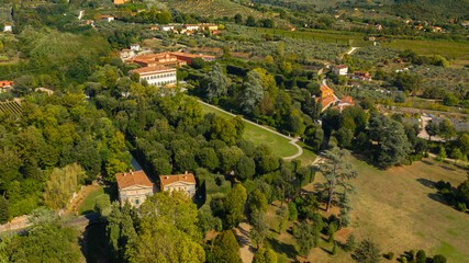 Aerial view of the Villa Reale of Marlia. It is a late-Renaissance palace with large gardens. It is located in Capannori, in the Province of Lucca, Tuscany, Italy. - obrazy, fototapety, plakaty