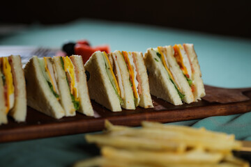 Assorted Club Sandwich isolated on wooden with mayonnaise dip and french fries bucket board side view of italian fast food on background