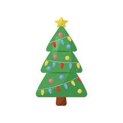 Vector Christmas tree decorated with toys, balls, star. Illustration for New Year and Christmas, in cartoon style, isolated on a white background.