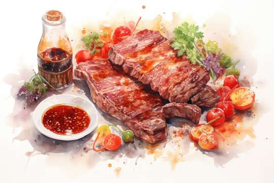 Vibrant watercolor painting of delicious steak and fresh vegetables. This image can be used to enhance food-related projects or to create appetizing visual for menus, cookbooks, or food blogs