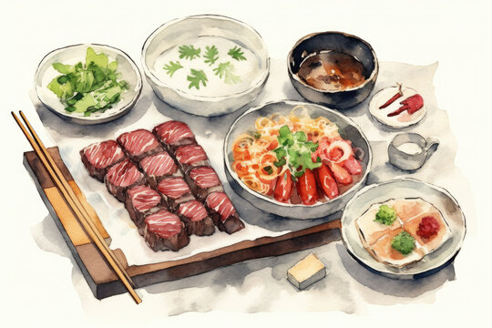 Vibrant watercolor painting showing variety of delicious food items. This versatile image can be used in various projects related to food, cooking, recipe books, restaurant menus, and more