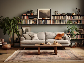 Scandinavian Living Room with Kilim Rug and Cinnamon Walls