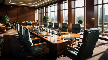 Fototapeta na wymiar Wide Angle Shot of a Spacious Boardroom with Luxurious Setting