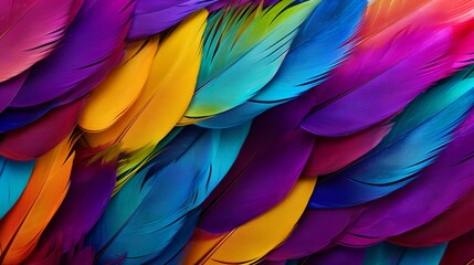 An array of tropical bird feathers, showcasing a spectrum of vibrant colors.