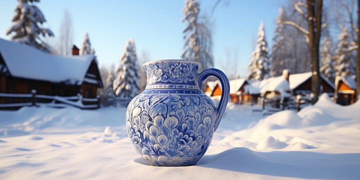 A picture of a blue and white vase sitting in the snow. This image can be used to depict winter decorations or as a symbol of tranquility and beauty in nature.