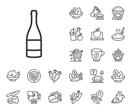 Anniversary alcohol sign. Crepe, sweet popcorn and salad outline icons. Champagne bottle line icon. Celebration event drink. Champagne bottle line sign. Pasta spaghetti, fresh juice icon. Vector