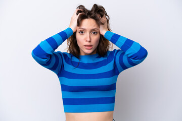 Young caucasian woman isolated on white background doing nervous gesture