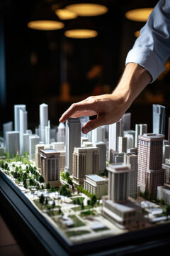 A model of a city with miniature buildings and trees. This image can be used for architectural designs, urban planning presentations, or as a visual aid in educational materials.