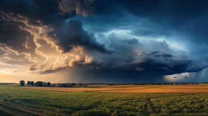 An expansive view of rolling meadows under a dramatic cloud-filled sky, hinting at an approaching storm.