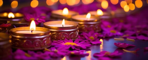 Obraz na płótnie Canvas Happy Diwali background, web banner. Diwali Hindu festival of lights celebration. Colorful traditional Diwali red and purple oil Clay Diya lamps and flowers on bokeh lights background, web banner