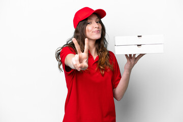 Pizza delivery woman with work uniform picking up pizza boxes isolated on white background smiling...