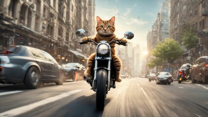 a cat riding a motorcycle down a city street with traffic