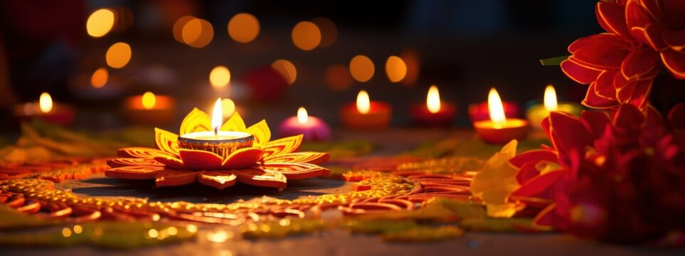 Happy Diwali background, web banner. Diwali Hindu festival of lights celebration. Colorful traditional Diwali red and purple oil Clay Diya lamps and flowers on bokeh lights background, web banner