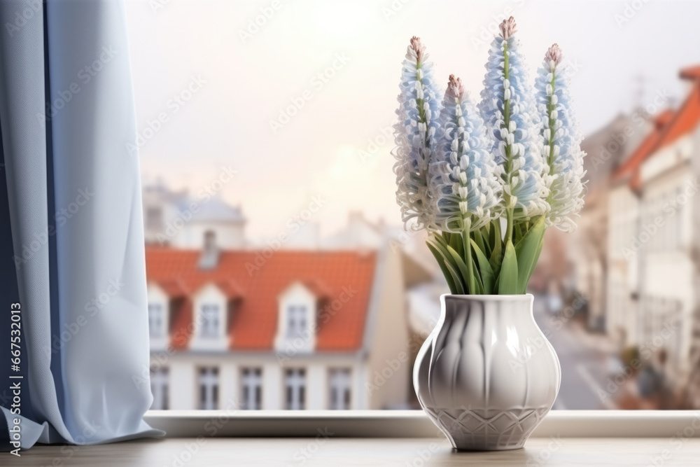 Poster a beautiful vase of flowers sitting on a window sill. this picture can be used to add a touch of nat
